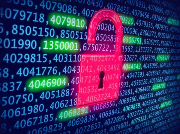 A glowing padlock over streams of coloured numbers, representing signed and encrypted webhook payloads