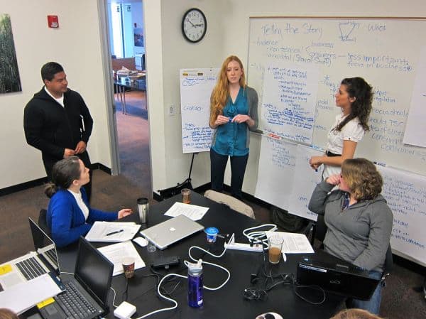 Team gathered around a table with laptops and a large whiteboard covered in notes, mapping out a business process