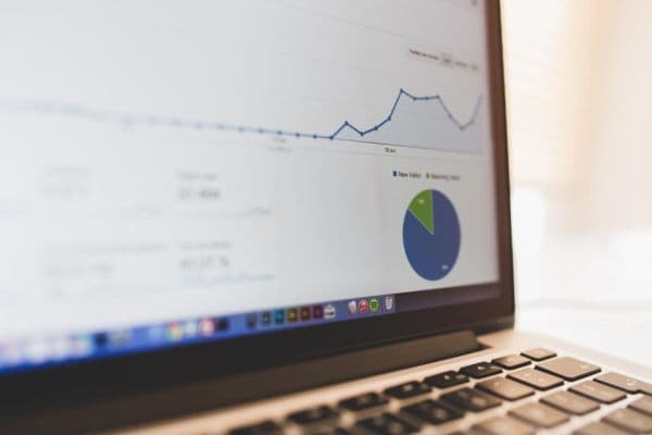 Laptop screen displaying a business analytics dashboard with a line graph and a pie chart of visitor data