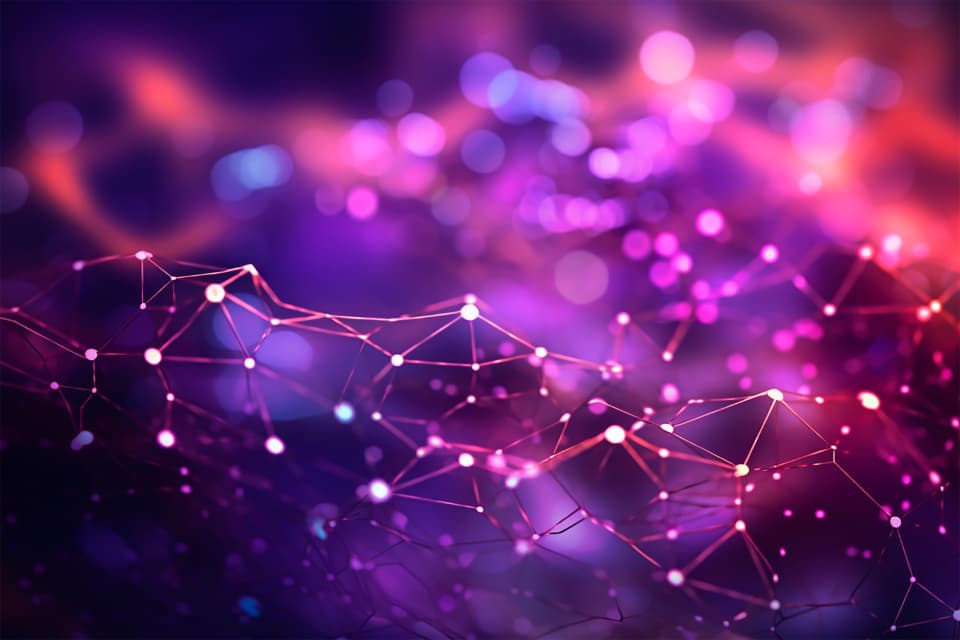 Abstract glowing network of connected nodes and lines on a purple background